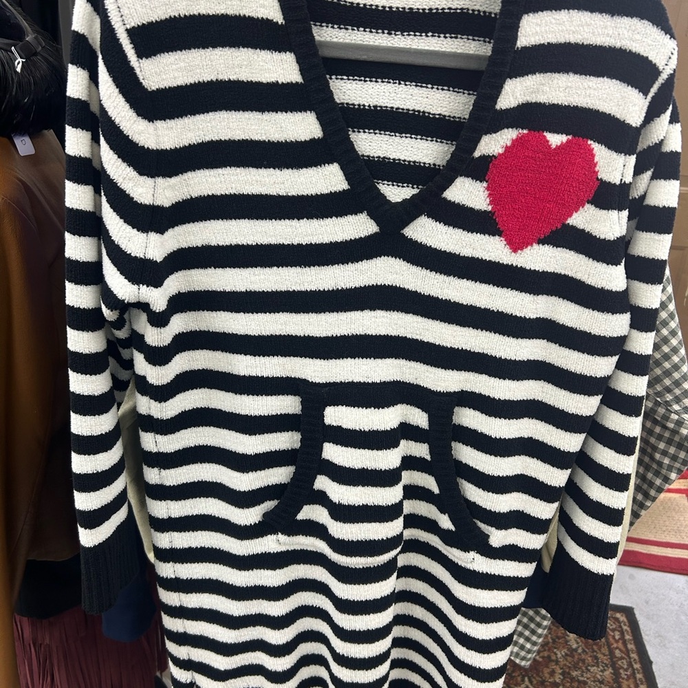 Betsey Johnson Striped V-Neck Sweater with Heart Accent